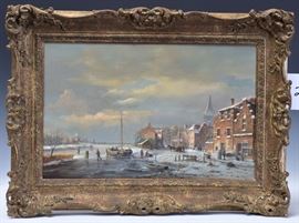 Dutch School
Dutch Village with Ice Skaters
13" x 20" oil on panel
signed "Vander Muellen" lower left
