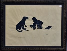 Inuit Stonecut Print
Puppies
18" x 24", Eskimo Western Arctic, 1970
Nanogak, from an edition of 50