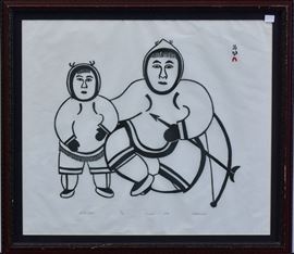 Inuit Stonecut Print
Hunter and Son
20" x 24" , Dorset, 1972
from an edition of 50
pencil signed lower right "Petalouisa"