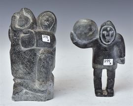 Inuit Soap Stone Carvings (3)
Figure with Fish, 8 1/4" high, signed L_ETTUK 
and Figure with Stone, 7 1/4" high, signed
KOANANA