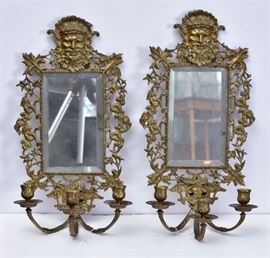 French Bronze Renaissance Revival Mirrored Sconces
21" long
late 19th century