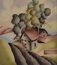 American School
Modernist Houses
15 1/2" x 13 1/2" watercolor
signed lower right "Harris"
and copyright "N.D" lower left