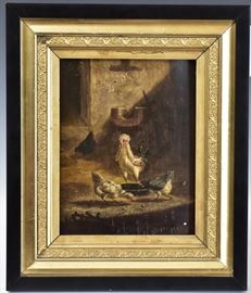 attributed to Adolph Nowey
Description	
Barnyard Scene with Chickens
9" x 7" oil on panel
monogrammed "AN" lower right