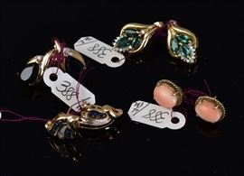14k Gold Earrings (4)
four pairs including coral and 
sapphire and diamond
all are pierced , 9.2 dwt gross