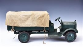 Buddy L Pressed Steel Army Supply Truck
with canvas top
26" long
early 20th century