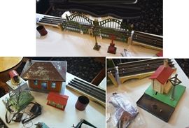 Lionel Standard Gauge Train Accessories
including two bridges, waiting room,
#165 crane, 48W whistle station
automatic gateman and two lights,
track and transformer
