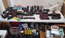 Large Group of Trains and Toys
including: American Flyer, HO gauge, 
Rail King and K-Line trains together with 
erector set, airplane and car models