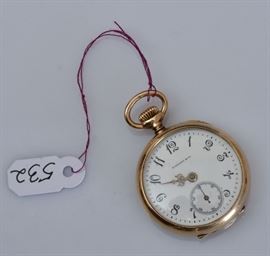 18k Gold Tiffany Ladies Pocket Watch
1 1/8" diameter, 13.8 dwt gross