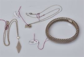 Tiffany & Co. Sterling Silver Jewelry
including mesh bracelet, 7 1/2" long,
heart necklace, 15" long and pearl with
mesh drop necklace, 16" long