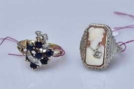 Two 14k Gold Rings
Cameo with diamond, ring size 5 3/4
and sapphire and diamond, ring size 7 1/2
5.2 dwt gross