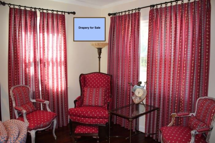 Drapes and Assorted Chairs including Wing and Bergere Chairs with Floor Lamp, Glass & Metal Table and Decorative, Vintage Clock