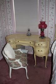 Provincial Vanity and Chair with Vintage Pink Glass Lamp