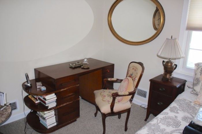 Desk, Needlepoint Chair, Night Stand, Lamp and Mirror