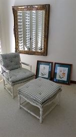 Framed Wall Mirror - $125; Chair & Ottoman - $250