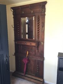 vintage hall tree with mirror, ornate carving