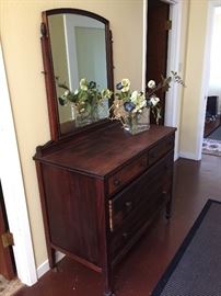 vintage dresser with mirror, wood wheels