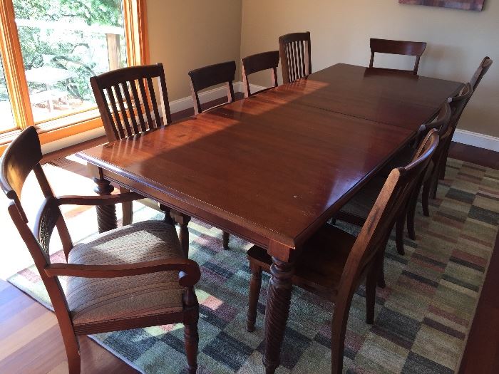 wood dining table, 2 leafs, 10 chairs