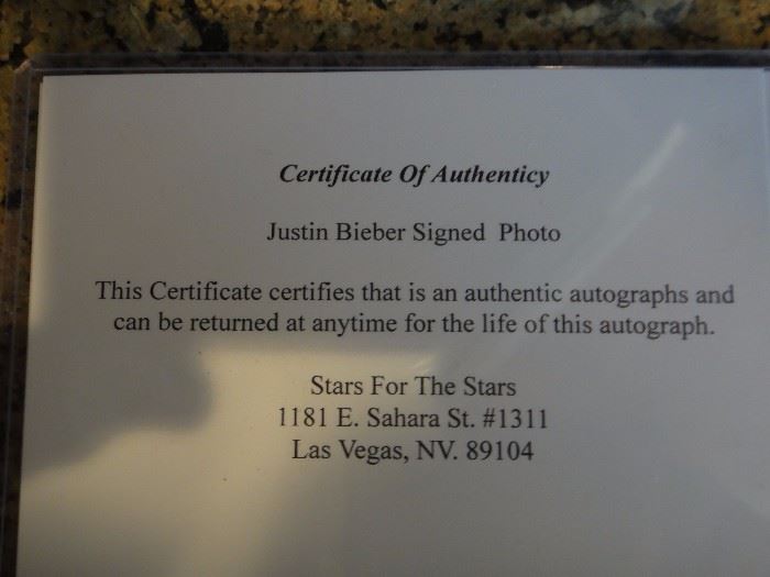 Bieber Certificate of Authenticy