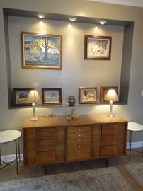 Mid Century Cabinet, Hargrove Oils, Metal and solid surface matching end tables