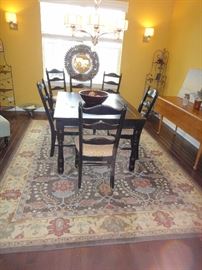 Kitchen / dining Table ( 1 leaf w/ 6 chairs, all needs work), Pottery Barn area rug, Corner shelving 