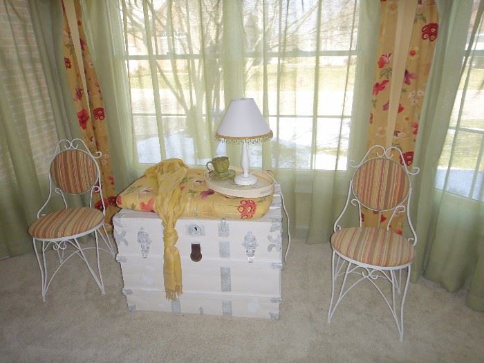 Painted  Antique trunk, 2 ice cream chairs 