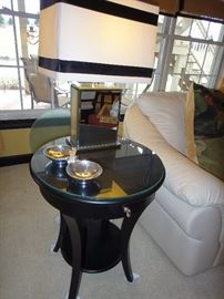 Black Side Table, mirrored lamp 