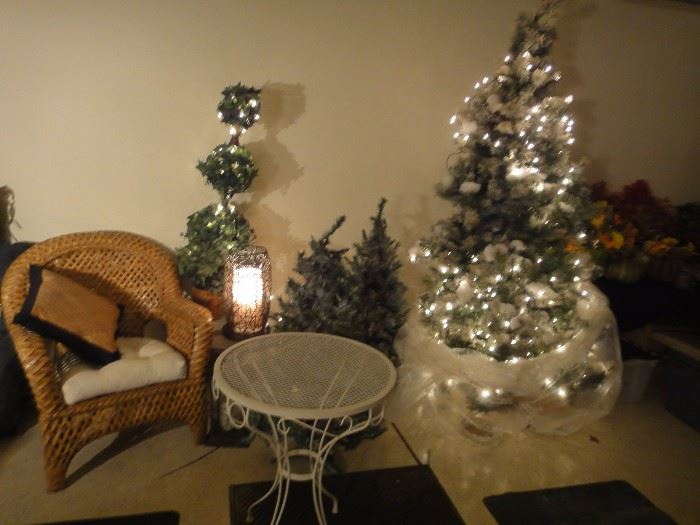Christmas Trees and decor, Wicker chair