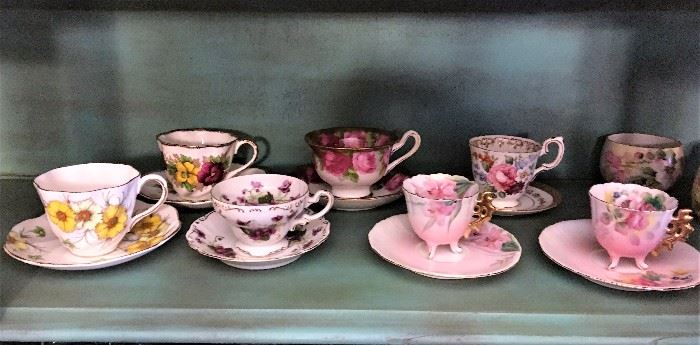 Antique china tea cup and saucer collection.