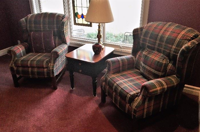 Plaid upholstered chairs, end table, brass lamp
