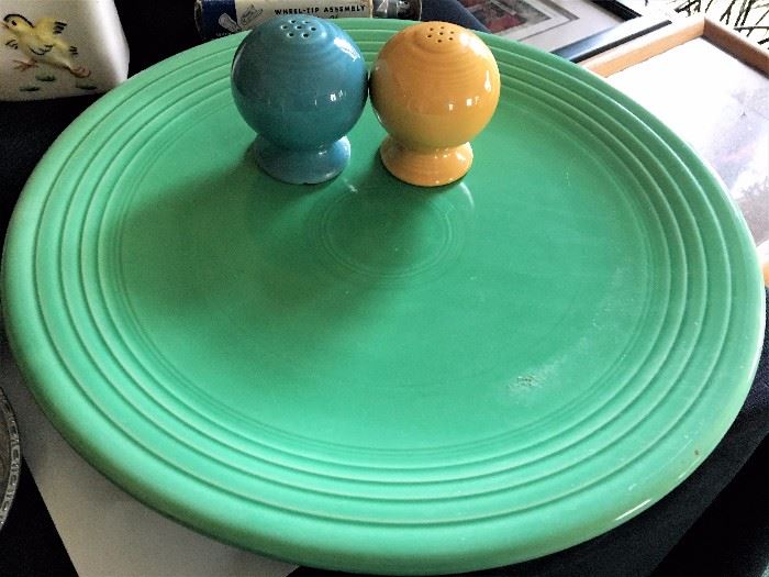 Vintage (pre 1986) Fiestaware large round platter in green and salt & pepper in turquoise and yellow.