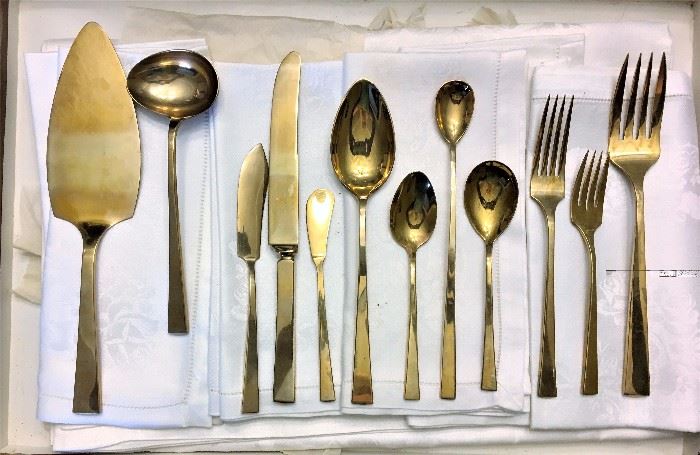 8 place settings + serving pieces Mid Century Modern brass flatware