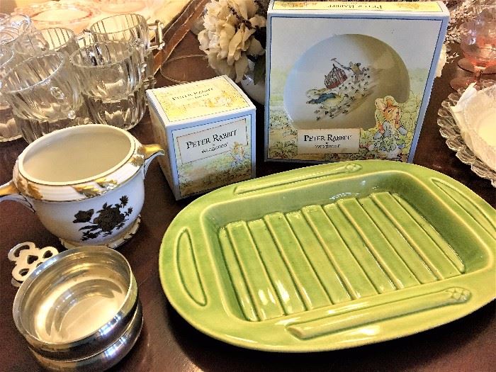 Antique asparagus plate, Peter Rabbit bowl and cup, pewter, china, glass
