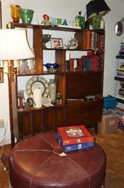 Nice mid century wall unit with desk.  LARGE leather ottoman, we have glass that will fit on top of it as well.