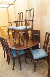 Ethan Allen, oval dining table, 2 leaves, table pads, 4 side chairs, 2 captain chairs.  Could use a little rehab and will be priced accordingly.  Or use as is, it is beautiful!