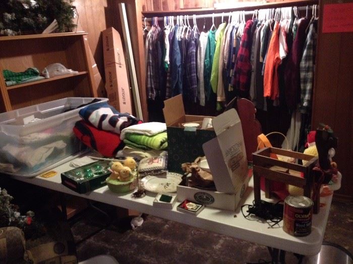 Clothing, dishes, Christmas, throws, bookcase and Levolor blinds