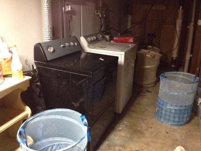 Whirlpool gas dryer (2004) black, GE washer with steel drum, collapsible laundry baskets, woode bookcase