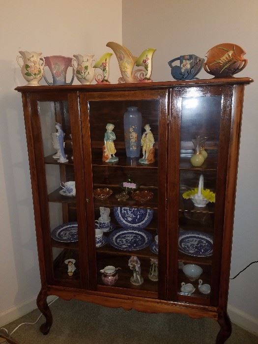 Antique curio/china cabinet, Blue Willow, Hull & Roseville Potteries, & more!