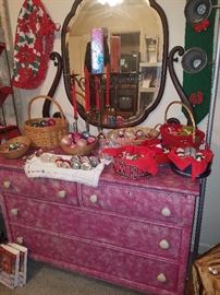 Vintage dresser, painted. Mercury glass ornaments, and more Christmas