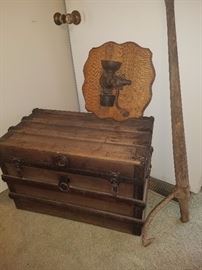Trunk, log turner, antique Royal coffee grinder