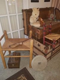 Large trunk, bench, sharpening stone, woven child's chair, shoe shine kit, and more