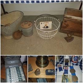 Coal bucket, egg basket, wooden crate, locks, Allen antique adding machine, Pabst Blue Ribbon dedication ceremony memorabilia. 