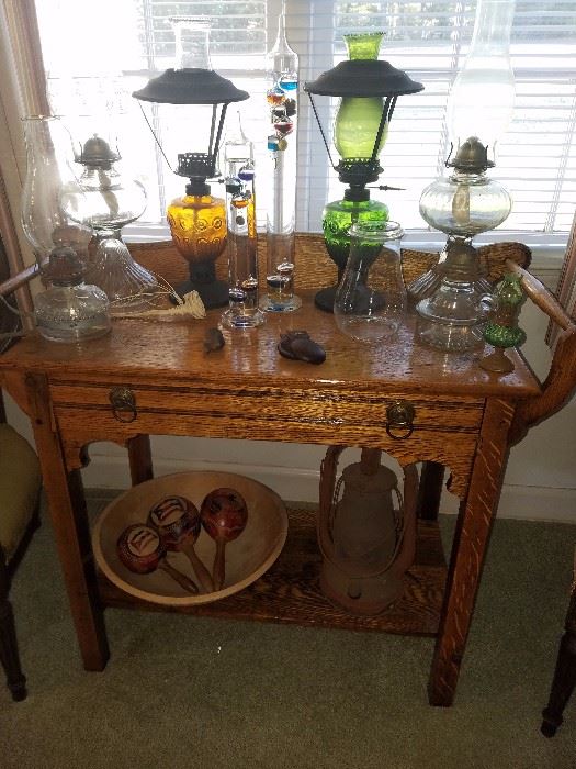 Eastlake period wash stand, Oil lanterns, Galileo thermometers, clay pipe, Cuban maracas, dough bowl, and more