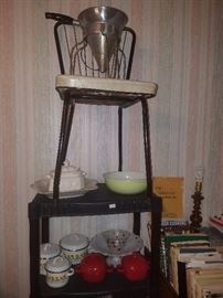 Vintage kitchen chair, Pyrex, ricer, cookbooks, and more