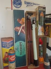 Apollo tin rocket (Space Frontier with box), Vintage Skil Craft telescope, Lincoln Logs, Tinker Toys, Apollo bank, and more