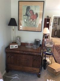Antique cabinet, vintage framed art