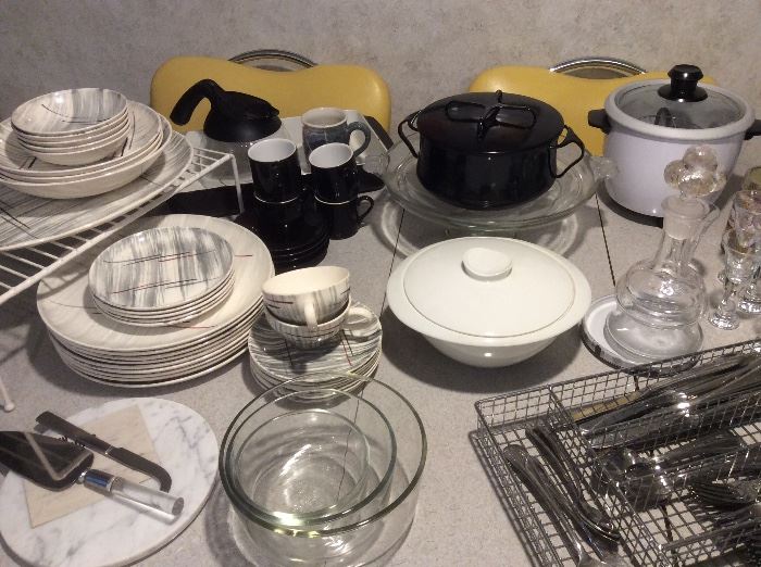 Assorted kitchen ware, including Dansk black casserole