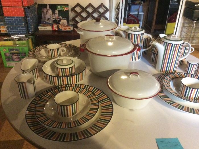 Colorful striped dinnerware and vintage metal cookware