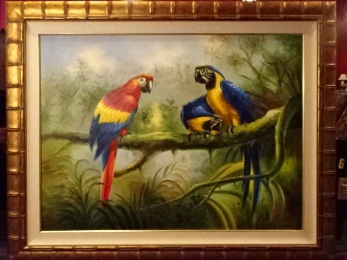 HUGE OIL PAINTING OF 3 PARROTS, OVER 4 FT WIDE