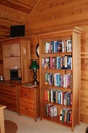 Bookshelves, filing cabinet, books