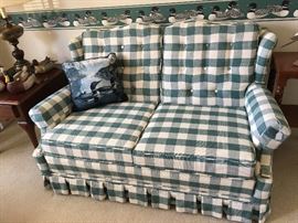 Green/white custom upholstered loveseat 